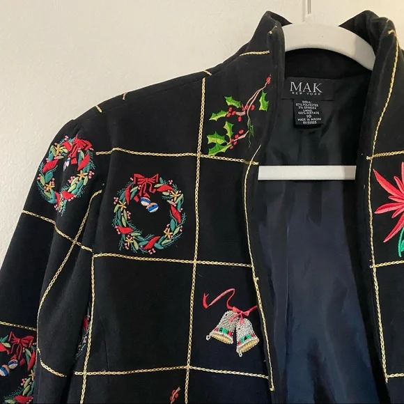Vintage Christmas Holiday Embroidered Black Open Jacket - Picture 2 of 5
